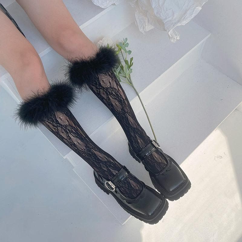 Spooky Chic Feather Trim Lace Knee-High Socks - Fall & Halloween Essential