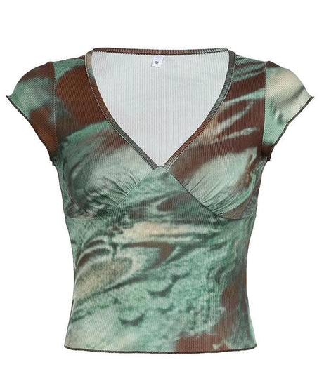 Effortless Fall Chic: Earthy Swirl Ribbed Knit V-Neck Cap Sleeve Top