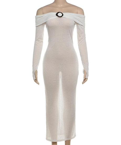 Sultry Sheer Off-Shoulder O-Ring Maxi Dress - Fall Party & Halloween Ready