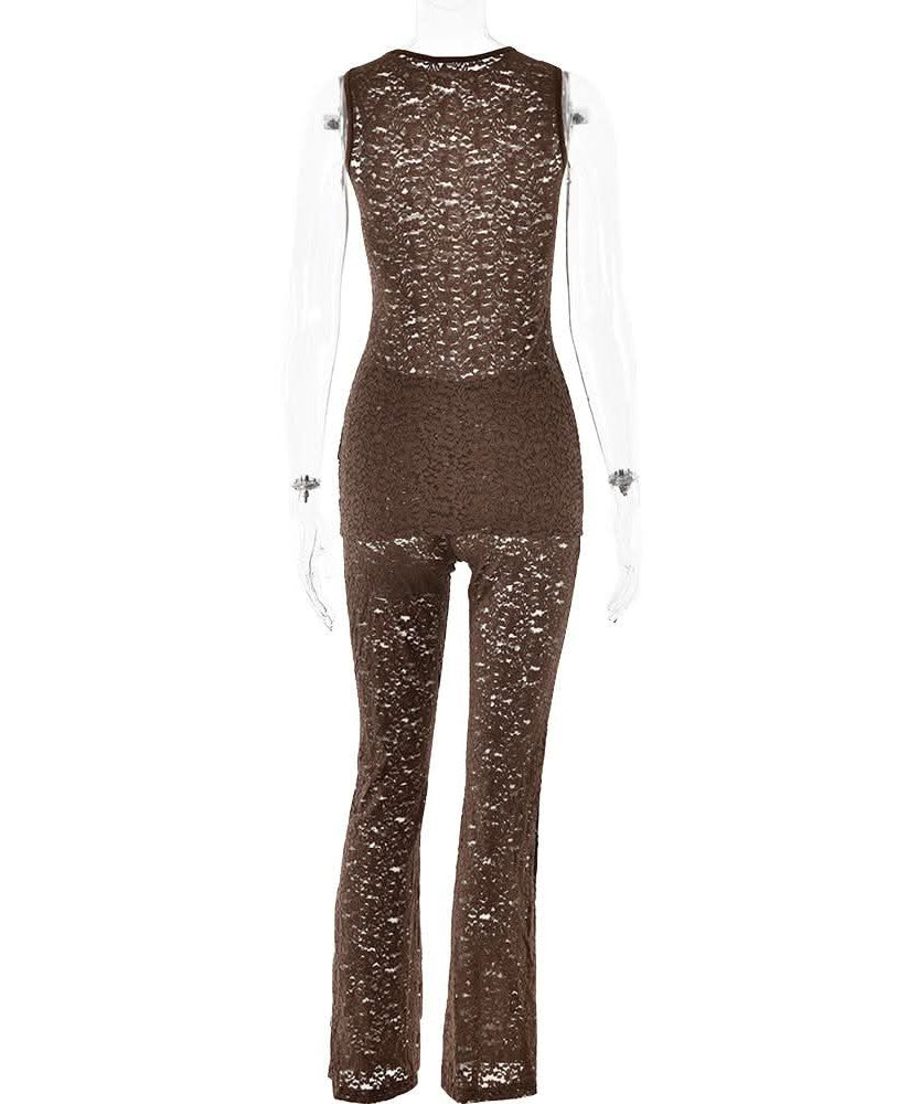 Effortless Elegance: Black Lace Sleeveless Top & Flared Pant Set for Fall & Holiday Glam