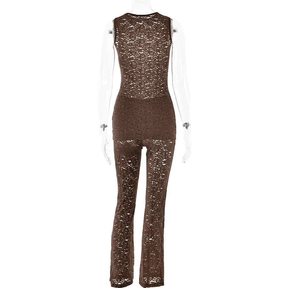 Effortless Elegance: Black Lace Sleeveless Top & Flared Pant Set for Fall & Holiday Glam
