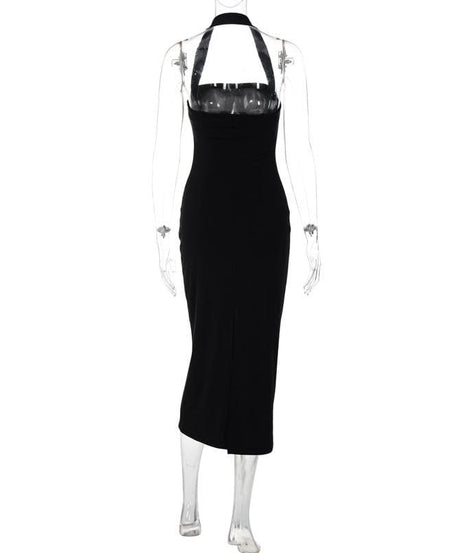Sleek & Sophisticated Black Halter Midi Bodycon Dress | Your Go-To for Fall & Holiday Parties