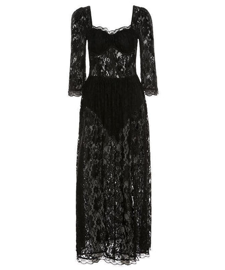 Sultry Black Lace Off-The-Shoulder Maxi Dress with Thigh Slit - Perfect for Fall & Holiday Galas