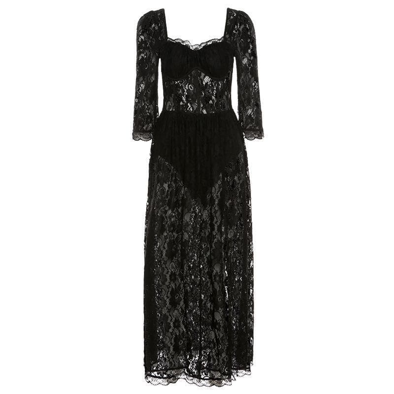 Sultry Black Lace Off-The-Shoulder Maxi Dress with Thigh Slit - Perfect for Fall & Holiday Galas