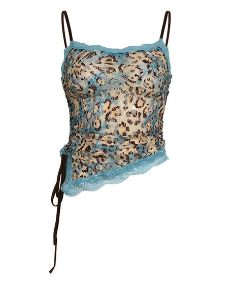 Edgy Blue Leopard Lace Cami Top - Y2K Ruched Spaghetti Strap for Fall Style