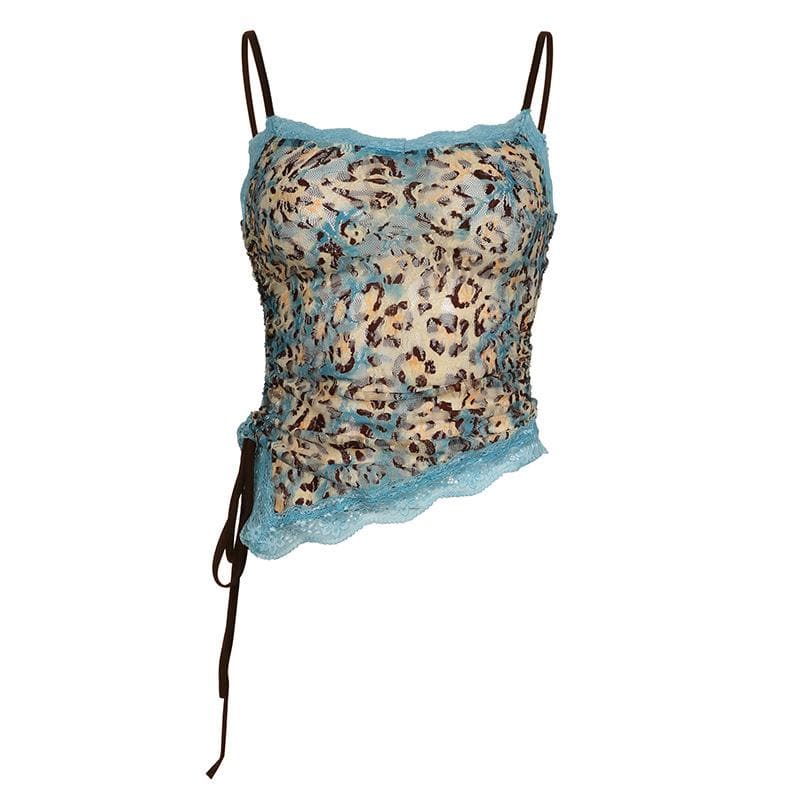 Edgy Blue Leopard Lace Cami Top - Y2K Ruched Spaghetti Strap for Fall Style