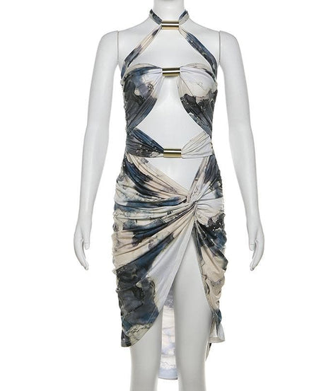 Statement Halter Cut-Out Midi Dress with Metallic Hardware – The Ultimate Fall Party Look