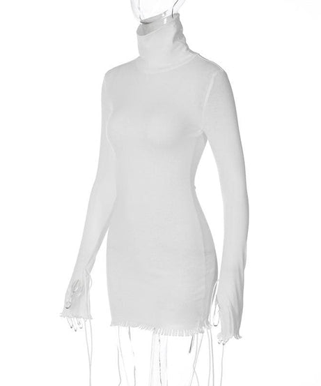 Sleek White Mock Neck Bodycon Mini Dress | Adjustable Drawstring Details for Fall Nights