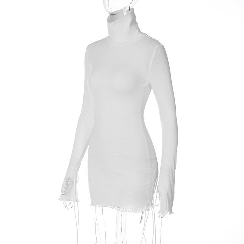 Sleek White Mock Neck Bodycon Mini Dress | Adjustable Drawstring Details for Fall Nights