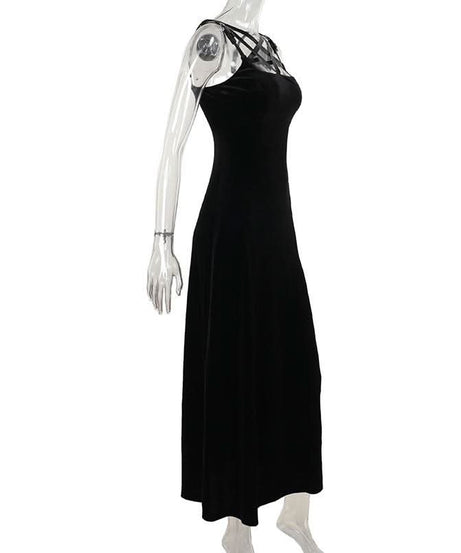 Midnight Velvet Maxi Dress with Star-Strap Neckline & High Slit - Fall & Holiday Party Glamour