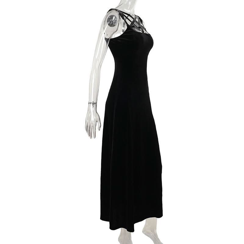 Midnight Velvet Maxi Dress with Star-Strap Neckline & High Slit - Fall & Holiday Party Glamour
