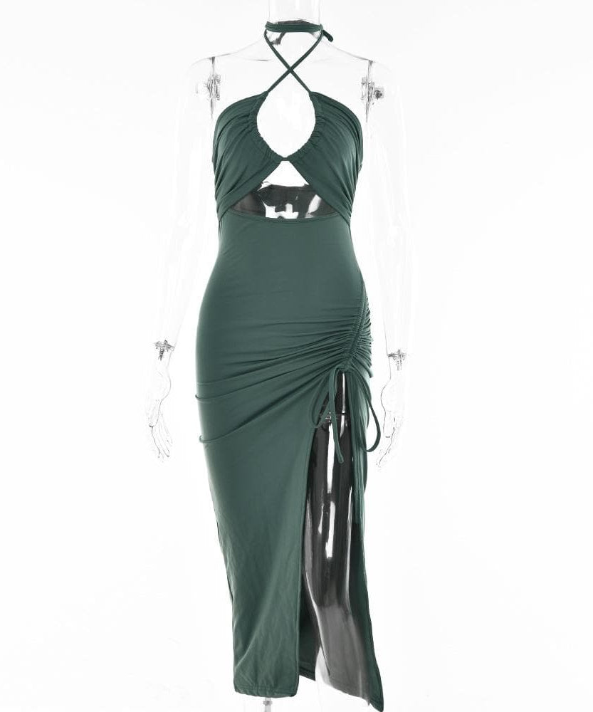 Royal Blue Halter Cutout Midi Dress - Daring Slit & Ruched Bodycon for Fall Parties & NYE