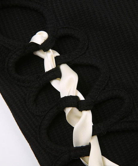 Coquette Charm: Black Bowknot Lace-Up Long Sleeve Crop Top | Chic Fall Cut-Out Style