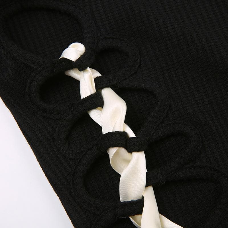 Coquette Charm: Black Bowknot Lace-Up Long Sleeve Crop Top | Chic Fall Cut-Out Style