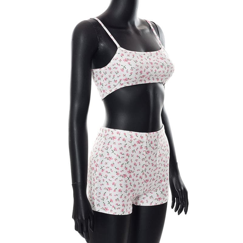 Adorable Floral Textured Cami Crop Top & Shorts Set - Cozy Fall Loungewear for Women
