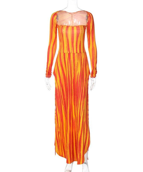Vibrant Sunset Stripe Long Sleeve Maxi Dress - Fall Statement Style