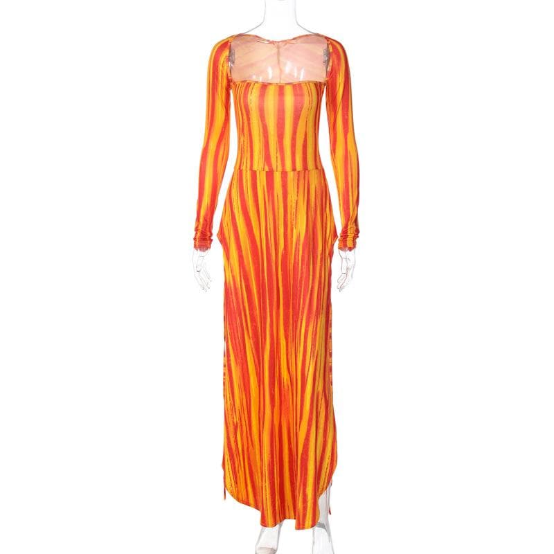 Vibrant Sunset Stripe Long Sleeve Maxi Dress - Fall Statement Style