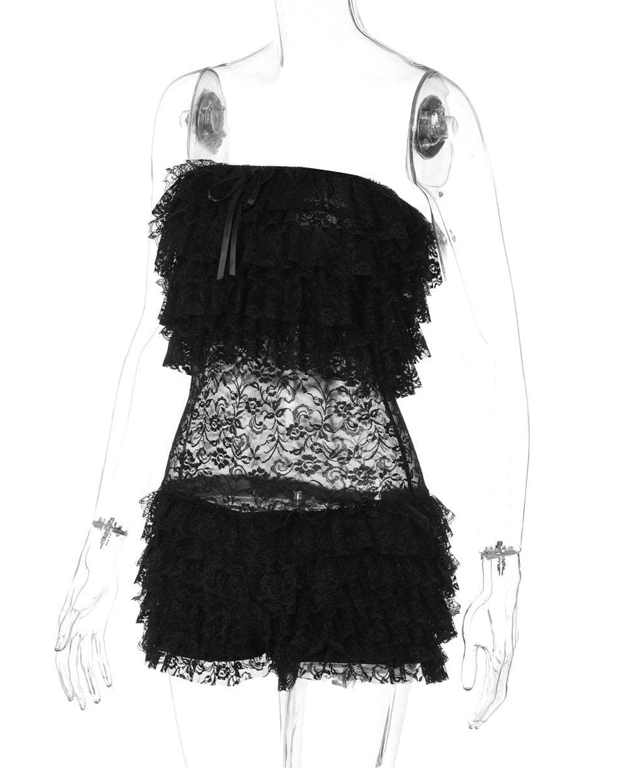 Sexy Black Lace Ruffle Romper - Strapless Tube Top Playsuit for Halloween & Fall Parties