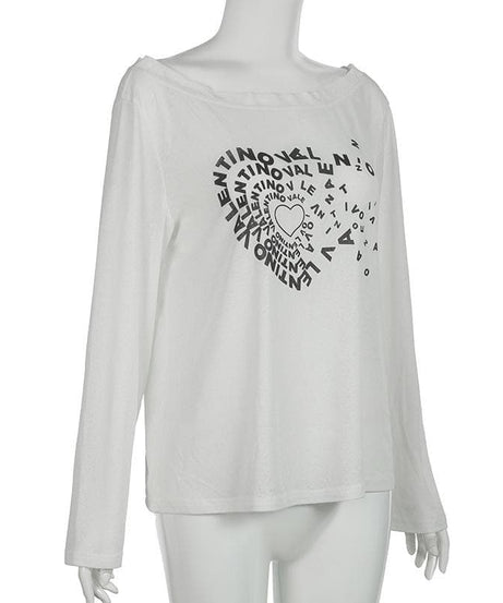 Y2K Coquette Sheer Knit Top - Off-Shoulder Graphic Long Sleeve for Fall