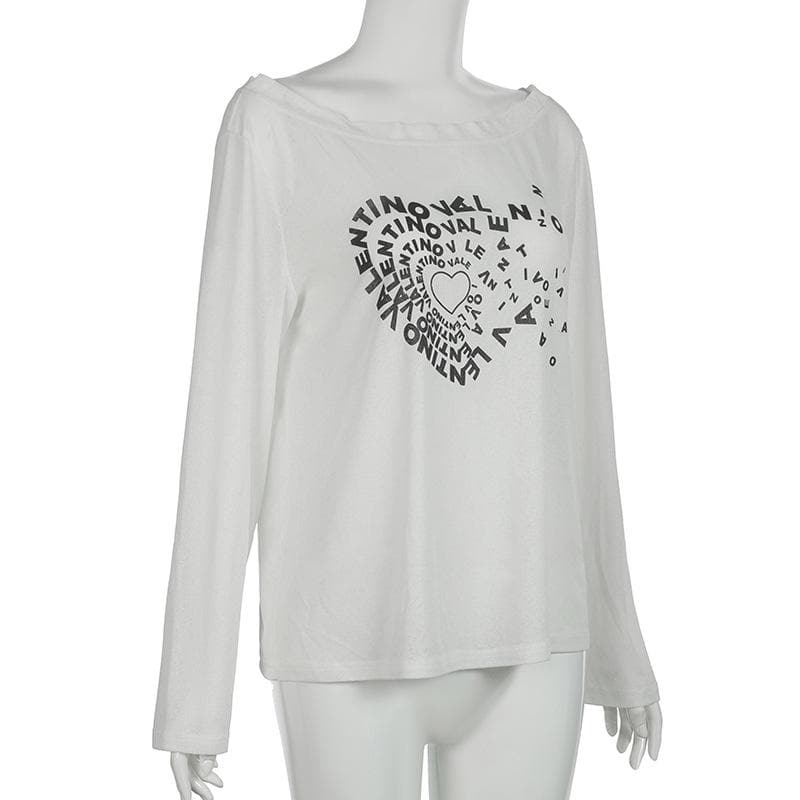 Y2K Coquette Sheer Knit Top - Off-Shoulder Graphic Long Sleeve for Fall