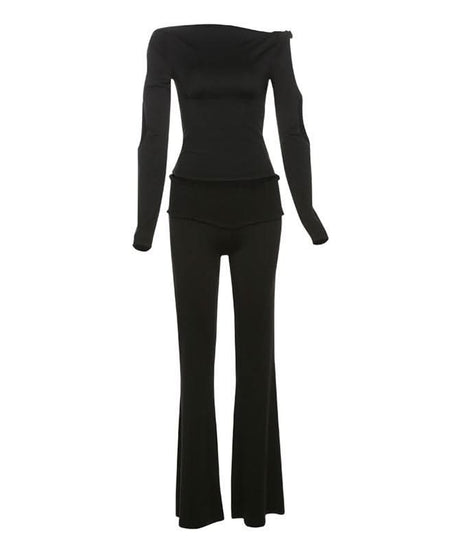 Effortless Autumn Chic: Black Off-Shoulder Top & Flare Pant Set