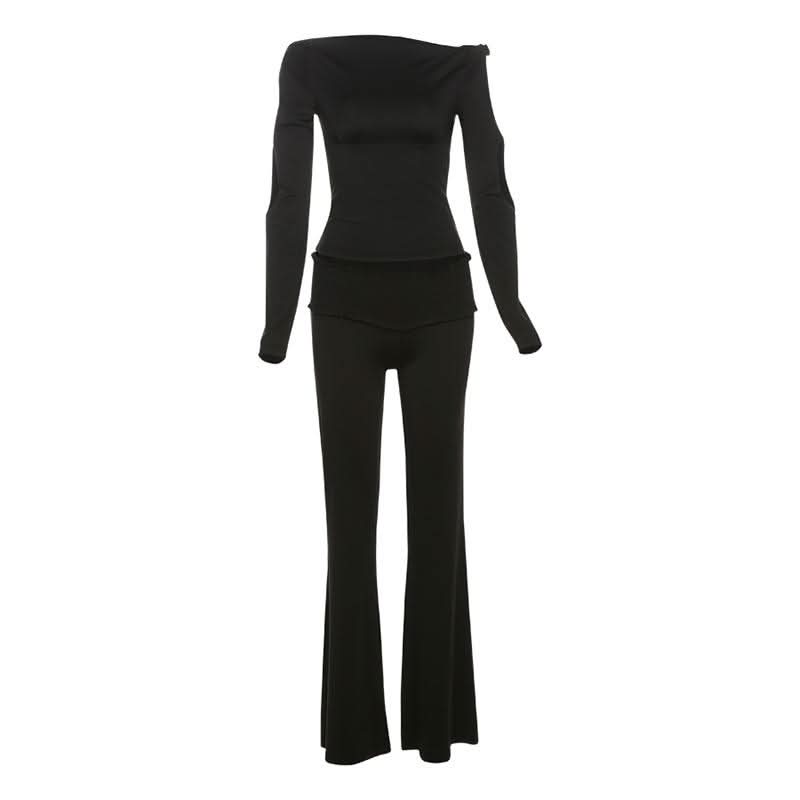 Effortless Autumn Chic: Black Off-Shoulder Top & Flare Pant Set