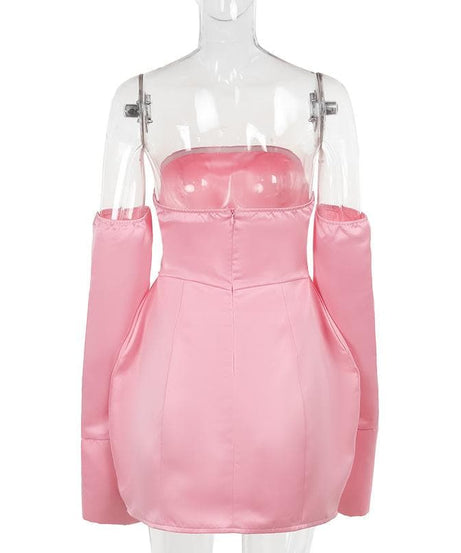 Barbiecore Pink Strapless Mini Dress with Detachable Sleeves | Holiday Party Ready