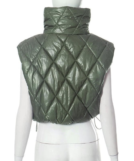 Elevated Olive Green Quilted Puffer Vest – Women's Chic High Collar Fall Layering Essential