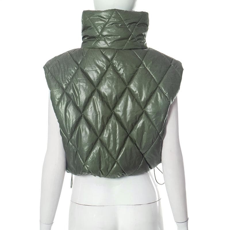 Elevated Olive Green Quilted Puffer Vest – Women's Chic High Collar Fall Layering Essential