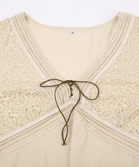Autumn Bohemian Lace V-Neck Bell Sleeve Top | 100% Cotton Tie-Front Blouse