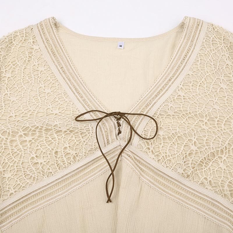 Autumn Bohemian Lace V-Neck Bell Sleeve Top | 100% Cotton Tie-Front Blouse