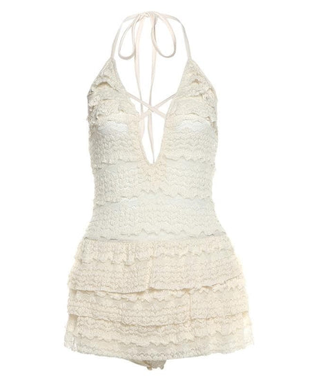 Chic Ruffled Halter Swim Romper - Cream Lace One-Piece Skirted Swimsuit for Tropical Getaways & Resort Wear