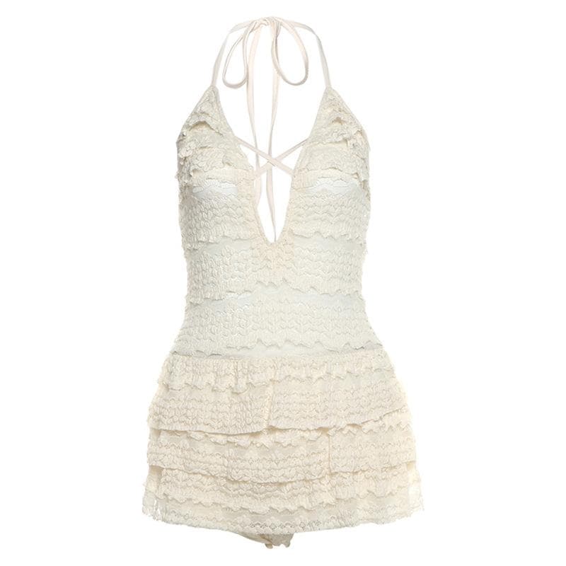 Chic Ruffled Halter Swim Romper - Cream Lace One-Piece Skirted Swimsuit for Tropical Getaways & Resort Wear