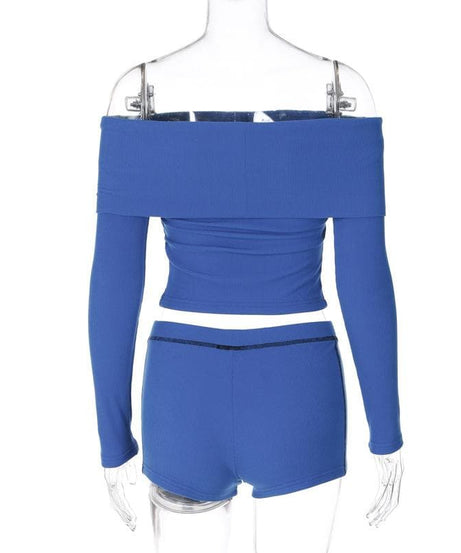 Cozy Chic Cobalt Blue Ribbed Off-Shoulder Long Sleeve Crop Top & Shorts Set - Fall Lounge Essential