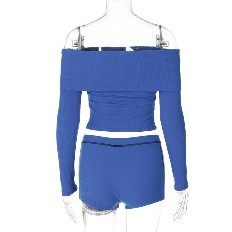 Cozy Chic Cobalt Blue Ribbed Off-Shoulder Long Sleeve Crop Top & Shorts Set - Fall Lounge Essential