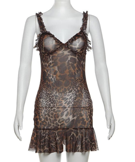 Untamed Allure: Leopard Print Ruffle Mesh Cami Mini Dress – Your Fall Night Out Essential