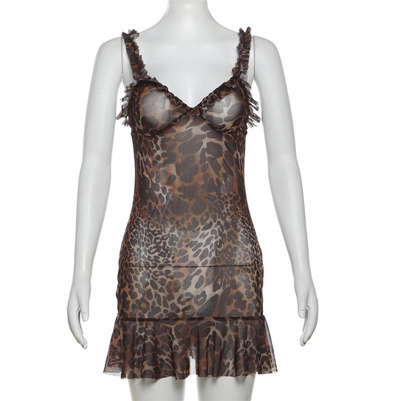 Untamed Allure: Leopard Print Ruffle Mesh Cami Mini Dress – Your Fall Night Out Essential