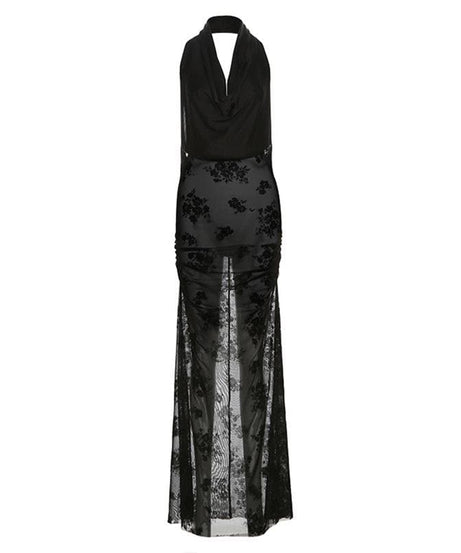 Sultry Bloom Black Sheer Maxi Dress - Halter Cowl Neck for Fall & Holiday Nights