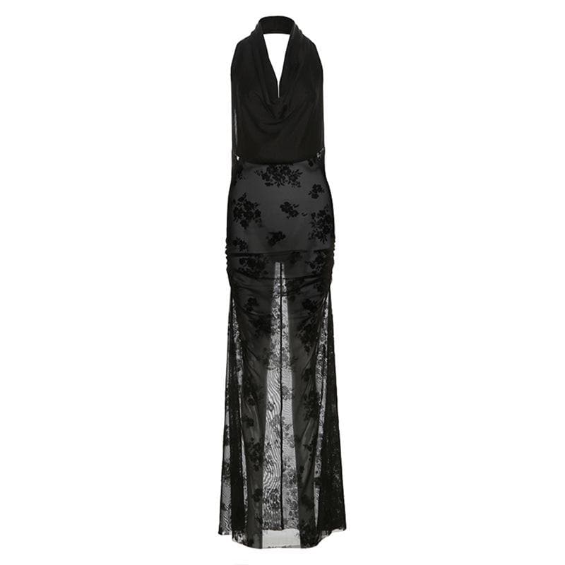 Sultry Bloom Black Sheer Maxi Dress - Halter Cowl Neck for Fall & Holiday Nights