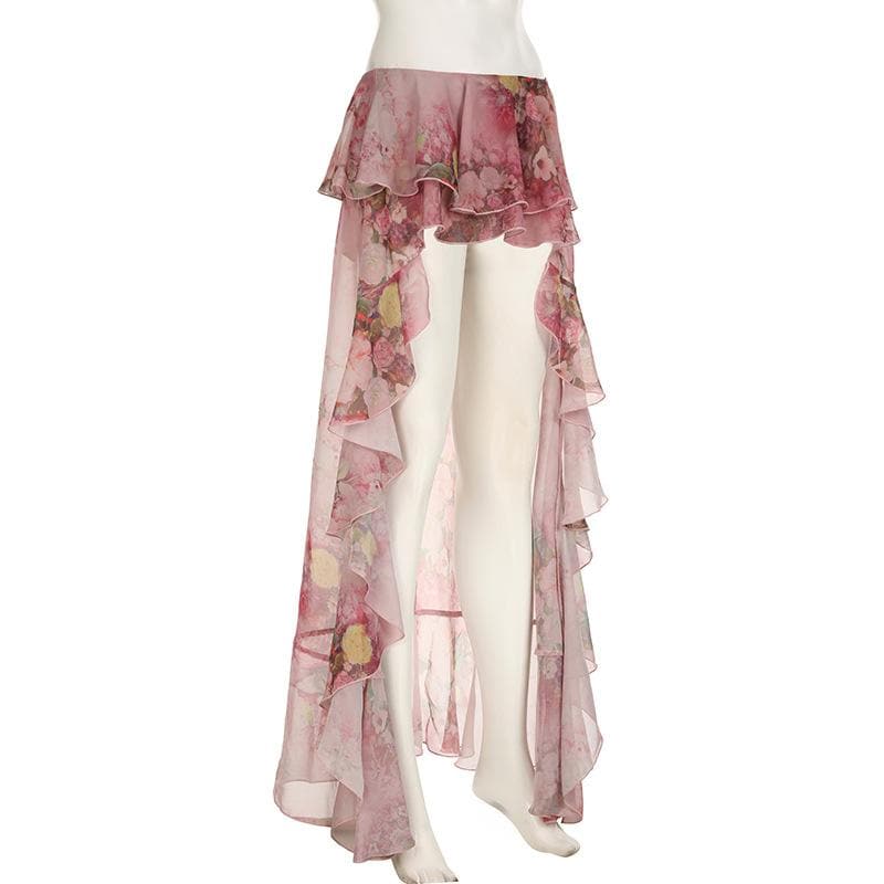 Romantic Floral Ruffle Maxi Skirt - Tiered Chiffon High-Low for Resort & Fall Events