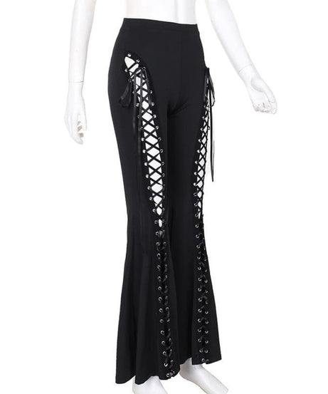 Witchy & Wild: High-Waist Lace-Up Flared Pants - Edgy Bell Bottoms for Fall & Halloween