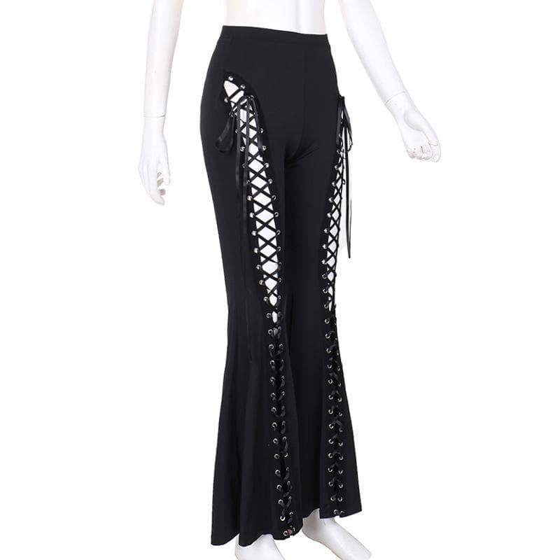 Witchy & Wild: High-Waist Lace-Up Flared Pants - Edgy Bell Bottoms for Fall & Halloween