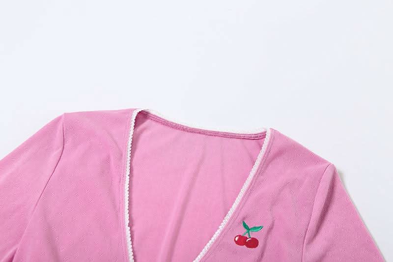 Cozy Fall Vibes: Sweet Cherry Pink Ribbed Wrap Top & Shorts Lounge Set