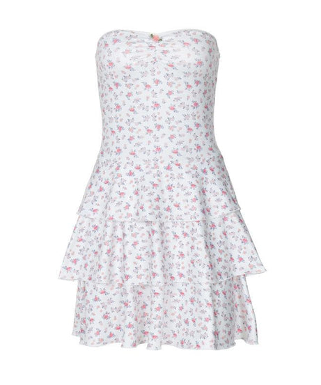 Pink Floral Strapless Sweetheart Mini Dress - Tiered Ruffle Vacation & Resort Chic