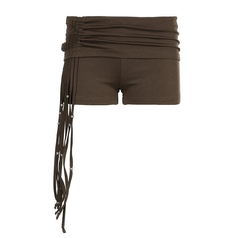 Spooky Season Chic: Y2K Low-Rise Ruched Shorts with Dazzling Beaded Tassels – Perfect for Fall Parties & Halloween
