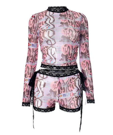 Spooky Chic Y2K Mesh "MONSTER" Print Lace Trim Crop Top & Shorts Set – Halloween & Fall Streetwear