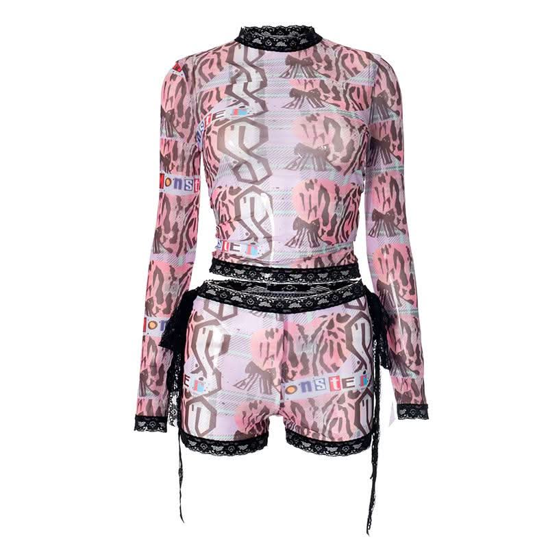 Spooky Chic Y2K Mesh "MONSTER" Print Lace Trim Crop Top & Shorts Set – Halloween & Fall Streetwear