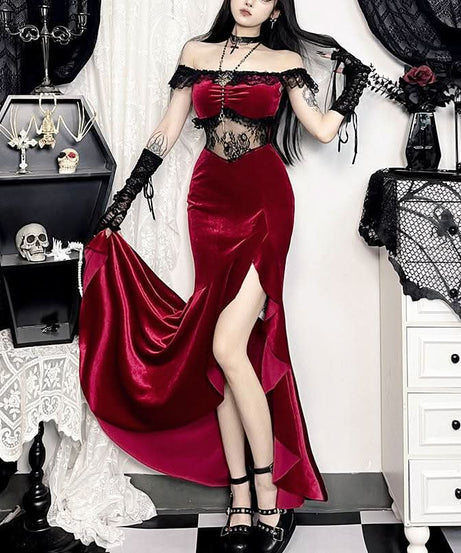 Sultry Red Velvet Off-Shoulder Lace Maxi Gown | High Slit Evening & Holiday Party Dress