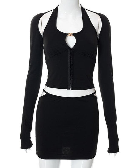 Dark Romance Halter Long Sleeve & Cutout Mini Skirt Set - Your Edgy Fall Night Out Look