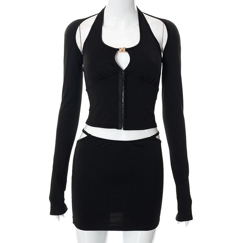 Dark Romance Halter Long Sleeve & Cutout Mini Skirt Set - Your Edgy Fall Night Out Look